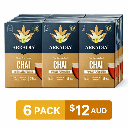 Arkadia Chai Vanilla Flavoured Tea Bags – 6 Pack (15 Tea Bags per Pack)