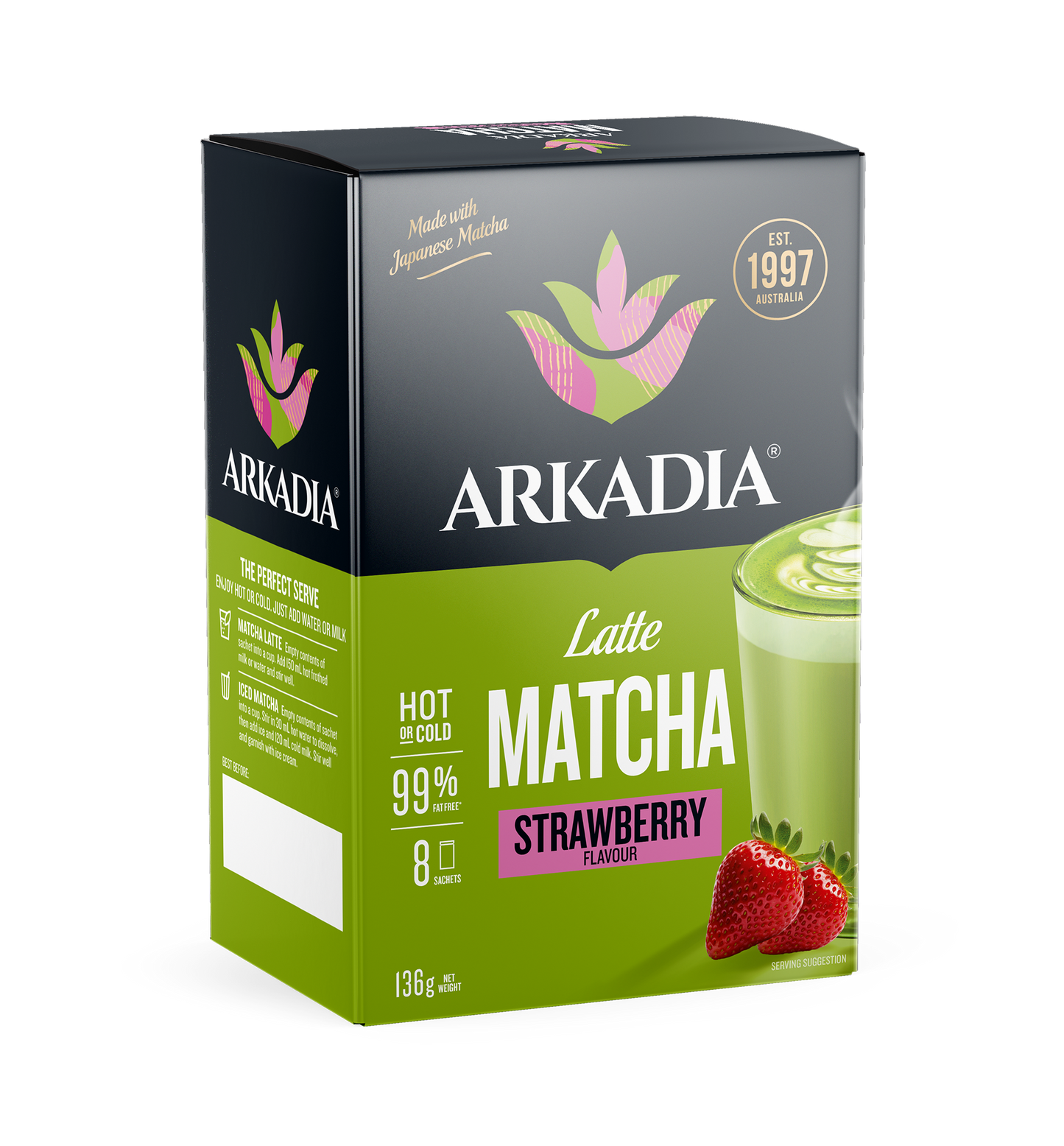 Arkadia Matcha Latte Strawberry Sachet 8 Pack
